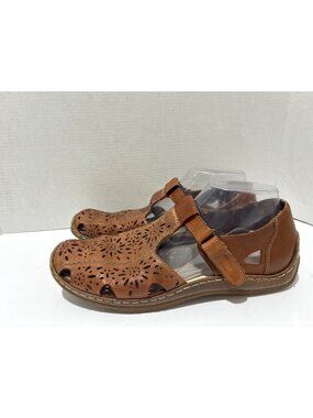 Rieker antistress women's brown leather T-strap flats Mary Jane floral cutout